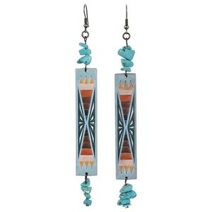 Justin Earrings Leather W/Aztec Pattern & Turquoise Colored Nuggets